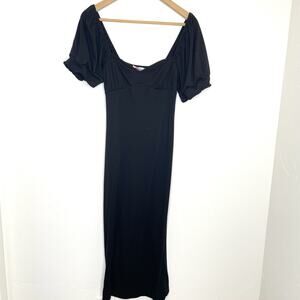 Free People Beach Bel Air Puff Sleeve Ribbed Knit Midi Dress Black Womens Small